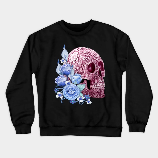 Unique Cool Pink Floral Blue Flowers Skull Crewneck Sweatshirt by Atteestude